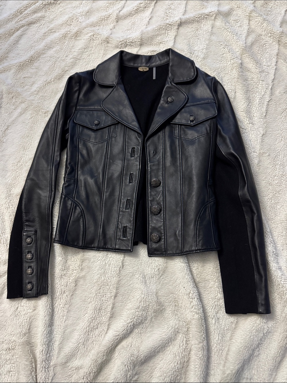 One Girl Who Black Leather Jacket with Knit Sleeve Panels